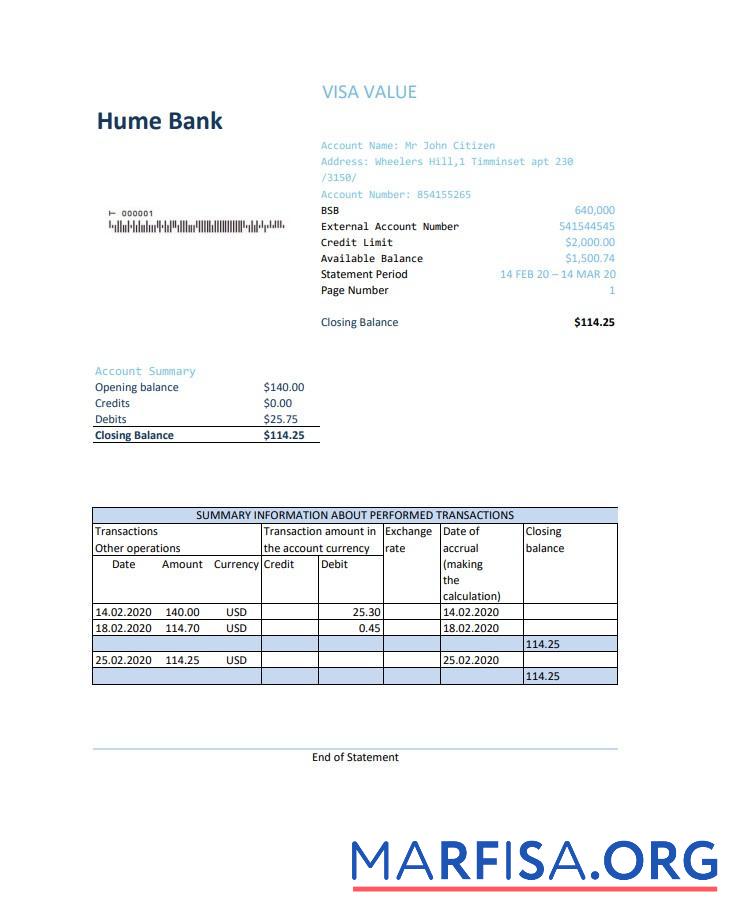 Blank Australia Humebank bank statement excel template